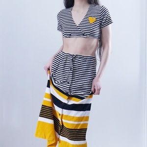 Vintage 60s Black and White Striped Terrycloth Crop Top and Skirt Set